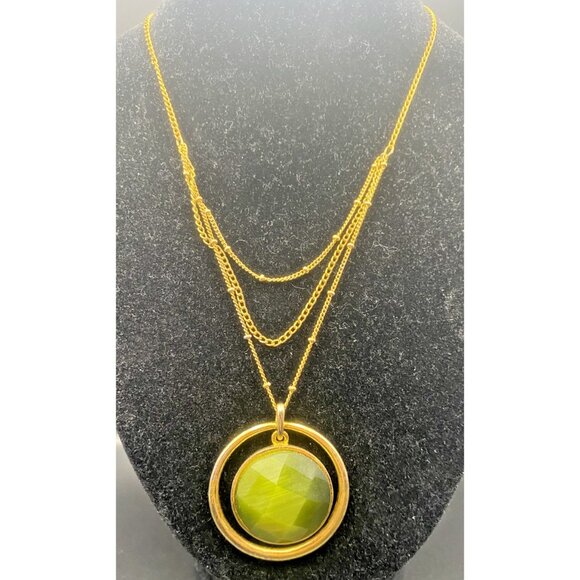 Unbranded Jewelry - Green Cats Eye Glass Necklace Circle Pendant 3 Strand Layered Bead Station 18+3"